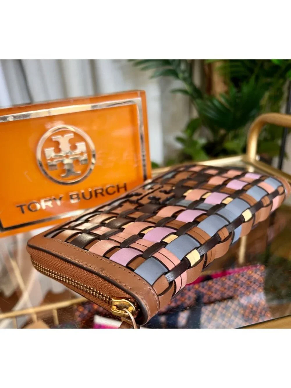 Tory Burch Womens Woven Leather Zip Wallet Multicolor Compact Design Brown Pink